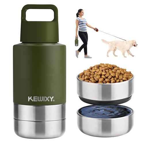 KEWIXY Insulated Dog Travel Water Bottle with Detachable Bowls, 3 in 1 Portable Dog Water Bottle Dispenser, Dog Accessories for Walking, Hiking, Camping, Outdoor (Olive Green, 32 Oz) - color: Olive Green