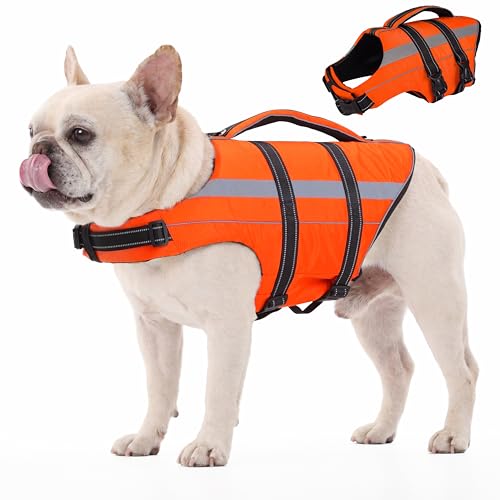 FUAMEY Dog Life Jacket Small, Lightweight Life Preserver for Puppy with Rescue Handle, Adjustable Dog Floats for Pool, Kayaking, Swimming, Orange, S - color: Orange Red, size: Small