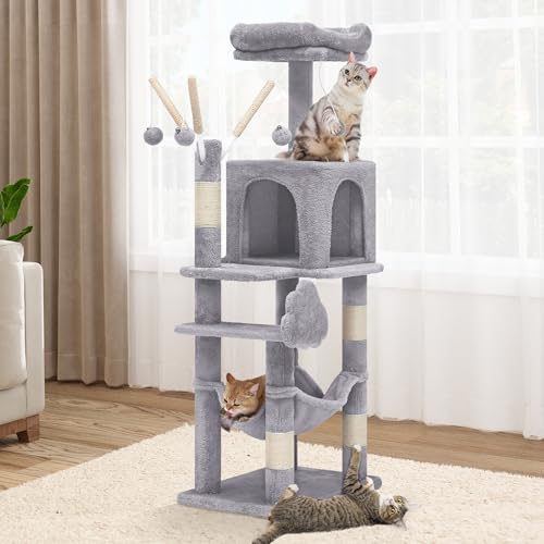 YITAHOME 44in Cat Tree Tower Indoor, Multi-Level Cat Condo with Scratching Posts, Cat Window Padded Plush Perch, Cozy Hammock, Funny Pompoms for Kittens Pet Play House, Light Gray - color: Light Gray, size: 44inch