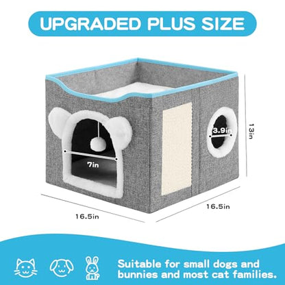 Cat House for Indoor Cats, Large Cat Bed Cave with Scratch Pad and Fluffy Ball, Foldable Cat Hideaway Condo, Kitten Bed, 16x16x13inch (Grey, Large) - color: Grey