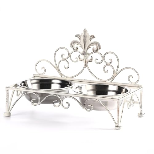 Iron Dog Cat Bowls Elevated - Dog or Cat Food and Water Dish Bowl Set - Raised Small Dog Cat Bowl Stand - Antique White