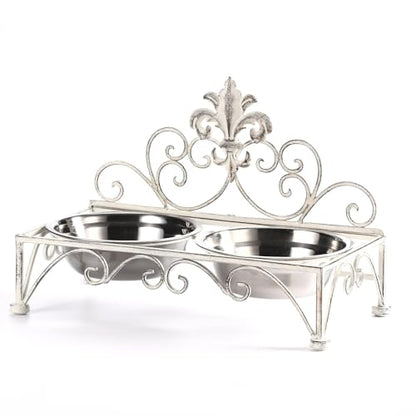 Iron Dog Cat Bowls Elevated - Dog or Cat Food and Water Dish Bowl Set - Raised Small Dog Cat Bowl Stand - Antique White