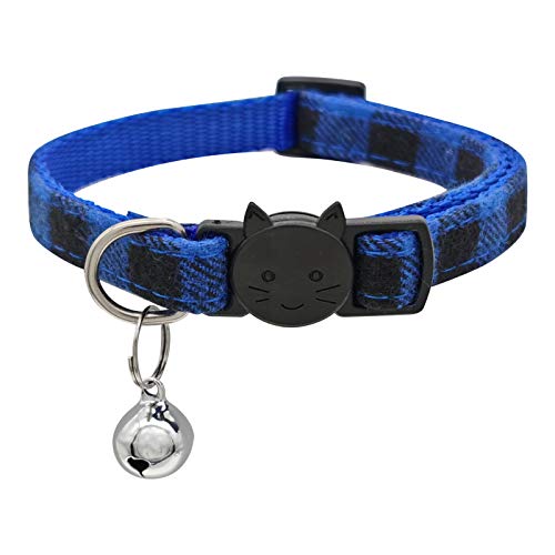 MJIYA Stylish Plaid Cat Collars with Bells - Adjustable Breakaway Kitten Collar (8-12 Inches) - Cute Collar for Girls and Boys - Pet Gift and Accessory（Blue, M - color: Dark Blue