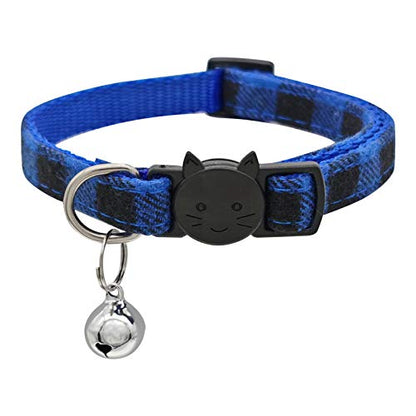 MJIYA Stylish Plaid Cat Collars with Bells - Adjustable Breakaway Kitten Collar (8-12 Inches) - Cute Collar for Girls and Boys - Pet Gift and Accessory（Blue, M - color: Dark Blue