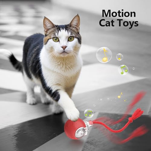 FUNNYDUCK Speed 2.0 Tail Interactive Cat Toys for Indoor Cats – Smart Motion-Activated Rolling Ball with Tail, Chirping Sounds, and USB Rechargeable Design for Enrichment & Exercise - color: Red