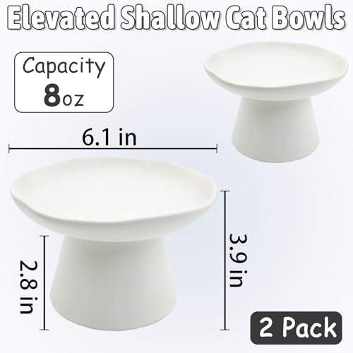 VCEPJH Raised Cat Food Bowls Shallow Cat Plate Pack of 2 Ceramic Elevated Cats Dish 6.1in Flat Anti Whisker Fatigue Wide Pet Food & Water Feeder for Indoor Kitty Kitten (White) - color: White