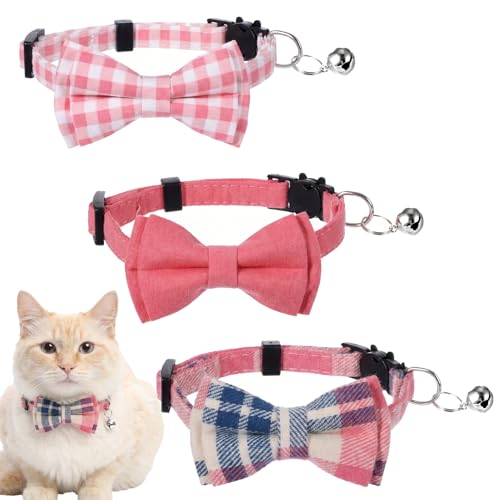 3pcs Bow Tie Cat Collar with Bells, Breakaway Bowtie Plaid Cat Collar, Soft Adjustable Bow Cats Collars for Kitten Puppy and Small Pets - color: pink
