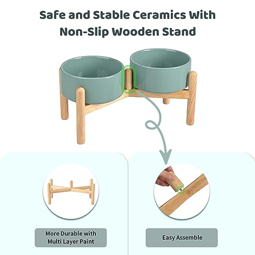SPUNKYJUNKY Ceramics Raised Dog Bowls with Wooden Stand - Elevated Dog Feeding Set (Double 28.7OZ, Dark Green) - color: Dark Green (Double Bowls Set), size: Medium - 3.6 CUPS