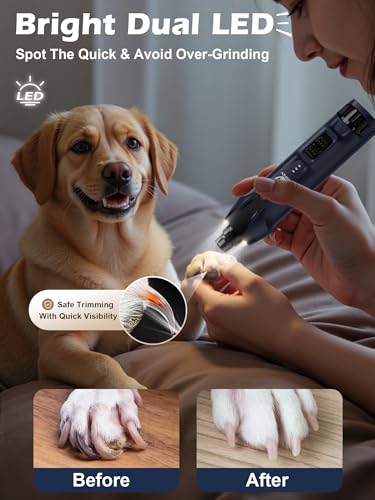 Casfuy 6-Speed Dog Nail Grinder – 50%+ Boost Power Dog Nail Trimmers Quiet with Dust Cap & 2 LED Lights & 2000mAh Battery & 4.8V Motor Electric Pet Toenail File Tool for Large Medium Small Dogs Cats - color: Blue