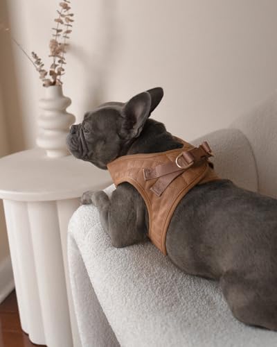 Step in Dog Cat Harness Lightweight Breathable Mesh Soft Padded Pet Vest Vegan Leather Choke Free Escape Proof for Small Medium Dogs (Tan Brown, Small) - color: Tan Brown, size: Small: Neck=9.4-11.4''/Chest=14.5-17''