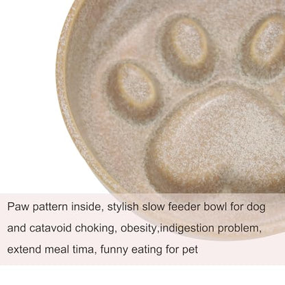 Ceramic Slow Feeder Bowl, 6.69 x 5.7 inches, Elevated Design with Paw Pattern, for Cats and Small Dogs (Khaki) - color: Khaki