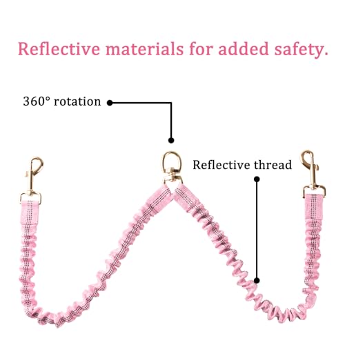 Double Dog Leash – Tangle-Free Dual Leash with 360° Swivel, Shock Absorbing Bungee, Reflective Stitching & Hand-Braided Main Rope (Supports Up to 440 lbs, Pink) - color: Pink
