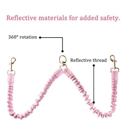 Double Dog Leash – Tangle-Free Dual Leash with 360° Swivel, Shock Absorbing Bungee, Reflective Stitching & Hand-Braided Main Rope (Supports Up to 440 lbs, Pink) - color: Pink