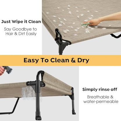 Veehoo Elevated Raised Dog Bed - Cooling Outdoor Dog Cot with Three-Sided Fence & Durable, Breathable Mesh - No-Slip Feet - 41" x 27" - Beige Coffee