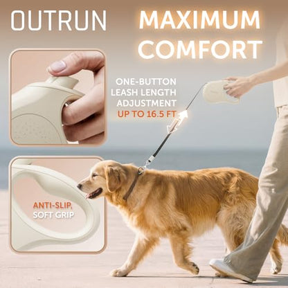OUTRUN Retractable Dog Leash 16.5 FT Walking Leash up to 55 lb, Strong Nylon Tape No Tangle, Heavy Duty One-Handed Brake Lock Perfect for Small & Medium Sized Dogs and Pets - color: Cream White