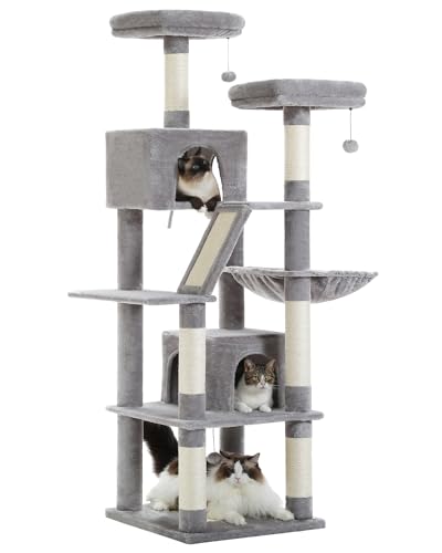 MUTTROS Tall Cat Tree 70.9", Large Cat Tree for Indoor Cats, Multi-Level Plush Cat Condo with 6 Scratching Posts, 2 Scratching Boards, 2 Perches, 2 Caves, Hammock, 2 Pompoms, Gray - color: Grey, size: 70.9inch