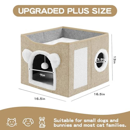 Cat House for Indoor Cats, Large Cat Bed Cave with Scratch Pad and Fluffy Ball, Foldable Cat Hideaway Condo, Kitten Bed, 16x16x13inch (Khaki, Large) - color: Khaki