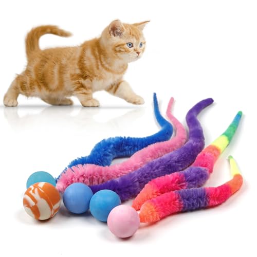 Mixed Bouncy Ball with Tail Cat Toys,5 Packs Rainbow Magic Worm with Ball Toy for Cats,Colorful Fuzzy Worm Bouncy Balls Cat Toy - color: Standard Colorful fuzzy worm