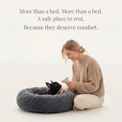 Small Calming Dogs Bed for Small Dogs Anti-Anxiety Machine Washable Fluffy Luxury Anti-Slip Waterproof Mute Base Warming Cozy Soft Pet Puppy Round Bed - color: Dark grey, size: 19 inches