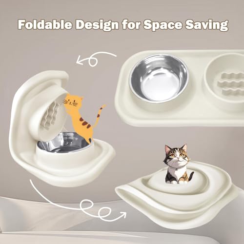 Waterproof Silicone Cat Food Bowls, Stainless Steel & Silicone Slow Feeder Double Bowls, Non-Skid & Non-Spill Raised Edge, Food and Water Feeder for Cat and Puppy - color: Silicone material-Beige