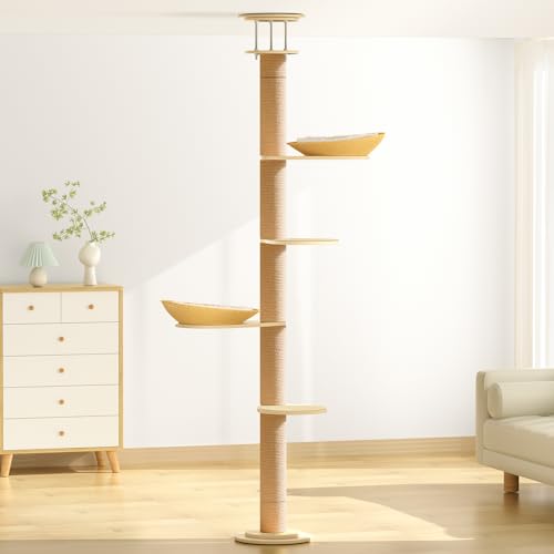 Solid Real Wood Floor to Ceiling Cat Tree, 5 Level Adjustable Height (75"-91"), Modern Climbing Tower with Thickened Wooden Sisal Scratching Posts & Cozy Bed for Indoor Cats Large Adult - size: 5 Level | 75-91 in(up to 7.6ft)