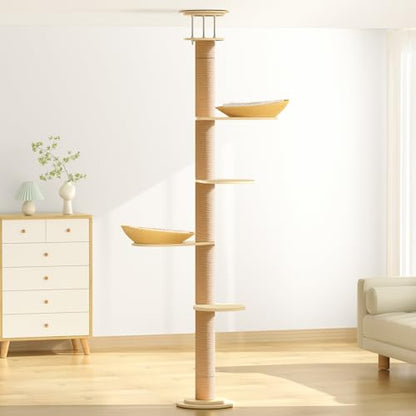 Solid Real Wood Floor to Ceiling Cat Tree, 5 Level Adjustable Height (75"-91"), Modern Climbing Tower with Thickened Wooden Sisal Scratching Posts & Cozy Bed for Indoor Cats Large Adult - size: 5 Level | 75-91 in(up to 7.6ft)