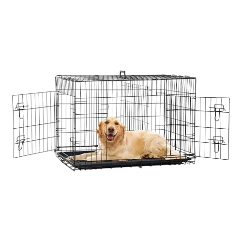 24/7 Shop at Home Gossamer Metal Double Door Folding Wire Pet Crate with Divider, Removable Tray, and Handle for Outdoor and Indoor Medium Dog, 48-inch, Black - size: 47.2"L x 28.9"W x 30.9"H
