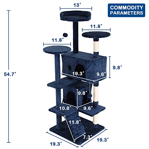 Cat Tree, 54'' Tall with 3 Scratching Posts, 3 Platforms, 2 Condos, for Indoor Cats - color: Navy Blue