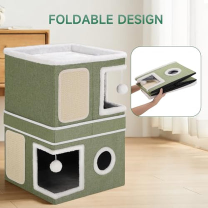 2-Storey Cat House for Indoor Cats, Separate Into 2 Large Cat Bed Cave with Hideaway Condos, Scratch Pads, Hanging Balls, Foldable Indoor Cat House, Cat Cube for Multiple Cats Kitten, Green - style: Green