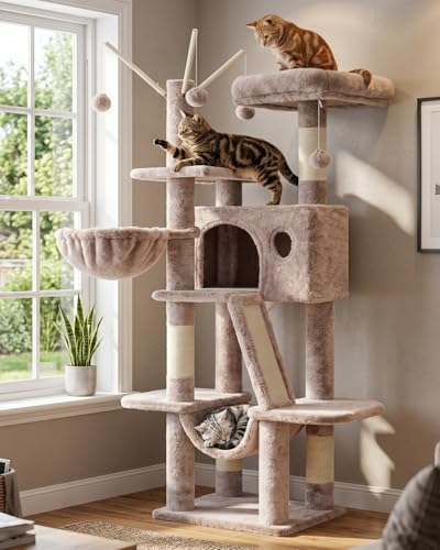 Hey-brother Cat Tree, 53 inch Cat Tower for Indoor Cats, Cat House with Padded Platform Bed, Toy Balls, Large Cozy Condo, Hammocks and Sisal Scratching Posts, Muchroom MPJ019-SMU - color: Muchroom