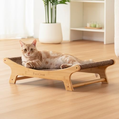 XL Sisal Cat Scratcher Bed with Elevated Hammock for Indoor Cats, Replaceable Natural Sisal Pad, Large Cat Lounge, Anti-Slip No-Wobble Bamboo Frame, Dark Brown Chevron - color: Dark Brown Chevron
