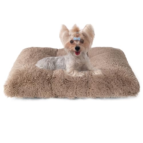 EHEYCIGA Fluffy Dog Crate Bed for Small Dogs, Plush Faux Fur Crate Pad, Calming Anti Anxiety Small Dog Bed, Washable Soft Warm Mat with Non-Slip Bottom, Camel - color: Camel, size: 23.6 x 17.5