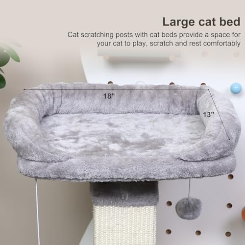 34" Tall Cat Scratching Post with Bed, Sisal Scratch Posts Trees with Plush Perch and Hanging Ball for Indoor Cats, Removable Cover, Large Scratch Post and Base, Rugged and Durable, Light Grey - color: Light grey