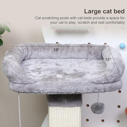 34" Tall Cat Scratching Post with Bed, Sisal Scratch Posts Trees with Plush Perch and Hanging Ball for Indoor Cats, Removable Cover, Large Scratch Post and Base, Rugged and Durable, Light Grey - color: Light grey