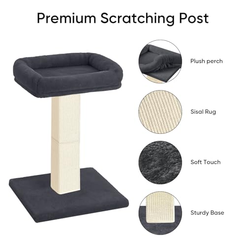 Cat Scratching Post, 32”Cat Scratcher with Large Plush Perch, Sisal & Carpet Scratching Post, Vertical Posts with Elevated Bed for Indoor Cats, Removable& Washable Cover, Dark Grey - color: Dark Grey with Bed