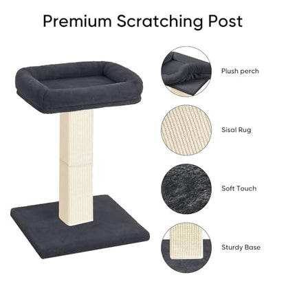 Cat Scratching Post, 32”Cat Scratcher with Large Plush Perch, Sisal & Carpet Scratching Post, Vertical Posts with Elevated Bed for Indoor Cats, Removable& Washable Cover, Dark Grey - color: Dark Grey with Bed