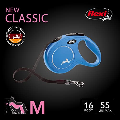 FLEXI New Classic Tape Retractable Dog Leash for Medium Dogs Upto 55 lbs. – 16 ft., Blue | Tangle Free Pet Walking Leash with One-Handed Brake, Pause, Lock|German Quality Product - color: Blue, size: Medium - 16 Feet (Tape)