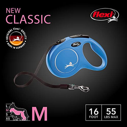FLEXI New Classic Tape Retractable Dog Leash for Medium Dogs Upto 55 lbs. – 16 ft., Blue | Tangle Free Pet Walking Leash with One-Handed Brake, Pause, Lock|German Quality Product - color: Blue, size: Medium - 16 Feet (Tape)
