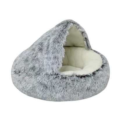 Calming Cat Cave Bed with Hooded Cover, Short-Haired Plush Washable Bed with Non-Slip Bottom, Comfortable and Cozy Round Bed for Small and Medium Cats, Anti-Anxiety Pet Bed(40cm/15.7inches, Gray)