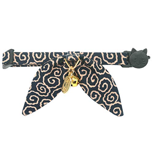Bunny Ears Cat Collar, Japan Lucky ‘開三運’ Charm. Safety Breakaway Bowtie Kitten Collar with Bell, Navy Blue - color: Navy