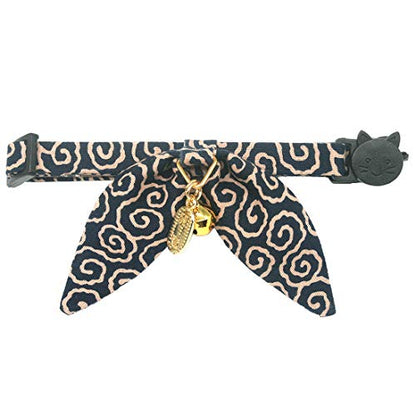 Bunny Ears Cat Collar, Japan Lucky ‘開三運’ Charm. Safety Breakaway Bowtie Kitten Collar with Bell, Navy Blue - color: Navy
