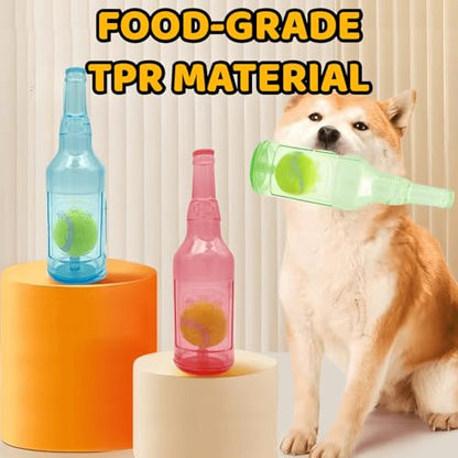 Cute Tough Dog Toy Rubber Bottle Squeaky Dogs Chew Toy Long Lasting Interactive Fetch Toy for Teething Tennis Ball Included (Green, Medium)