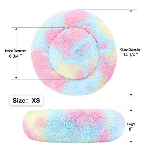 Calming Donut Dog Bed for Small to Medium Dogs & Cats - Plush Faux Fur Anti-Anxiety Pet Bed with Machine Washable Cover & Non-Slip Base - color: Rainbow, size: X-Small 15.7''