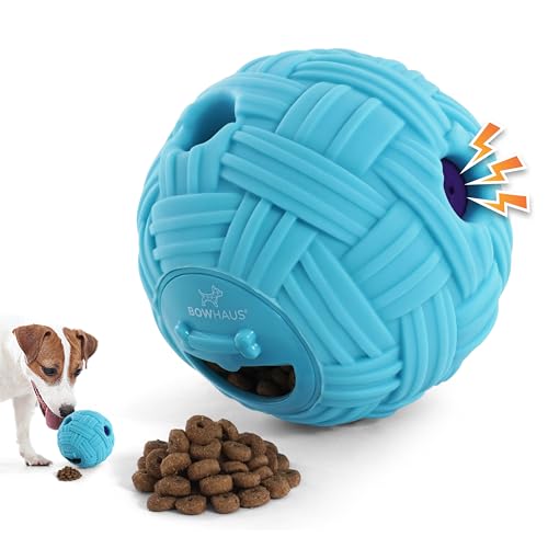 BOWHAUS Knitted Style Giggle Ball for Dog, 5.5 Inch Interactive Treat Dispensing Ball, Indestructible Fun Squeaky Dog Chew Exercise Toy, Non-Toxic Durable PVC Wobble Giggle Toy for Indoor Outdoor Play - style: Treat Ball - Knitted Style