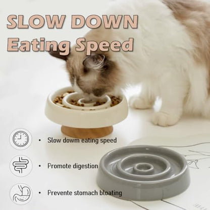 Ceramic Cat Slow Feeder, Raised Slow Feeder Cat Bowl, Anti Vomiting and Whisker Friendly Kitty Dish, Elevated Puppy Kitten Food Bowl for Dry and Wet Food (White) - color: White