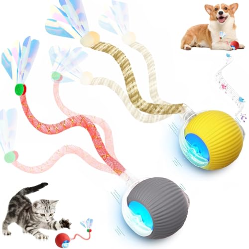 2 Packs Speed 2.0 Tail Interactive Cat Toys for Indoor Cats, Chirping & Motion Activate Ca t Toy, Smart Kitten Rolling Ball Moving Ball Toys, Rechargeable Dog Cat Bal l for Enrichment Exercise - color: Yellow+Grey
