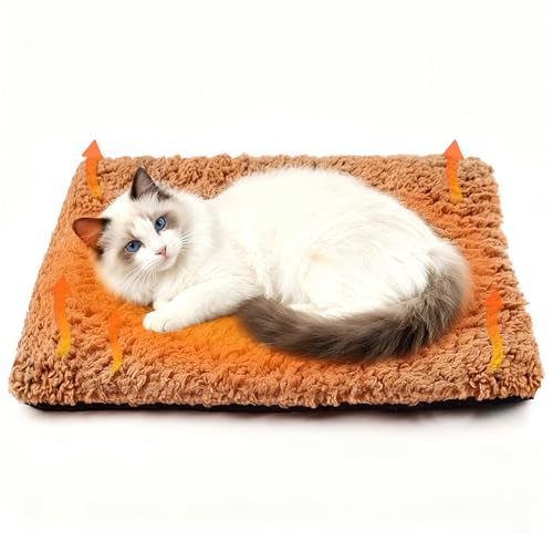 PatiencET Self Warming Cat Bed for Indoor Cats 14'' x 20'' - Cozy Fleece Heating Pad, Non-Electric Thermal Mat for Small Pets, Washable Soft Cushion for Winter Comfort and Warmth Khaki