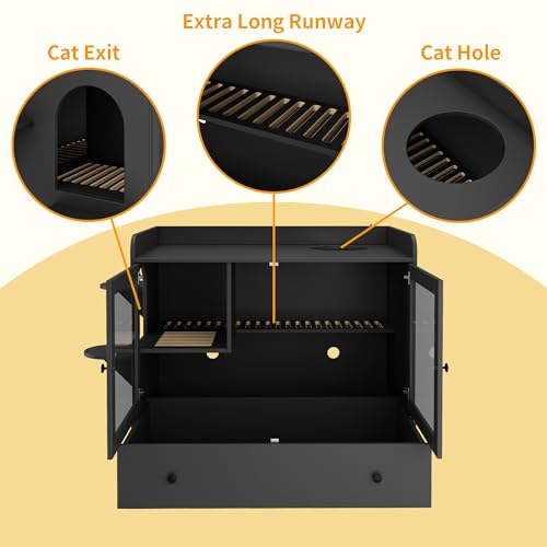 Extra Large Cat Litter Box Enclosure Furniture Hidden, Cat Condo Cabinet Pet House with Stairs for 2, Nightstand Side Table witha Large Drawer for Living Room, Black - color: Black