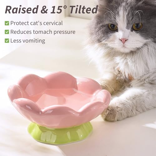 Ceramic Raised Cat Bowl, Shallow Wide, Anti-Vomiting and Whisker Fatigue, Non-Slip, Tilted Cute Flower Cat Food and Water Bowls for Indoor Cats or Small Dogs, Pink - size: Shallow Bowl