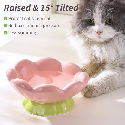 Ceramic Raised Cat Bowl, Shallow Wide, Anti-Vomiting and Whisker Fatigue, Non-Slip, Tilted Cute Flower Cat Food and Water Bowls for Indoor Cats or Small Dogs, Pink - size: Shallow Bowl